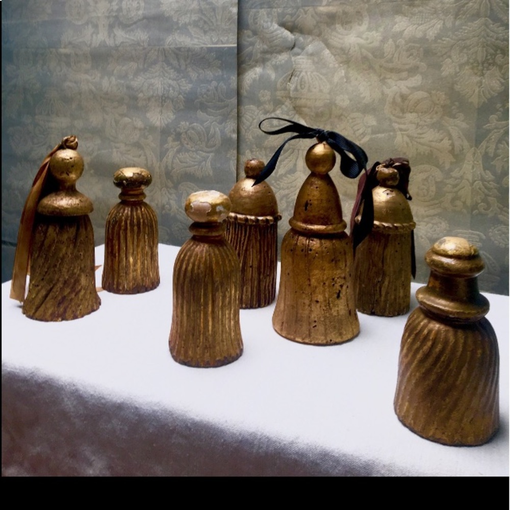 Antique wooden tassel ornaments in patina gold